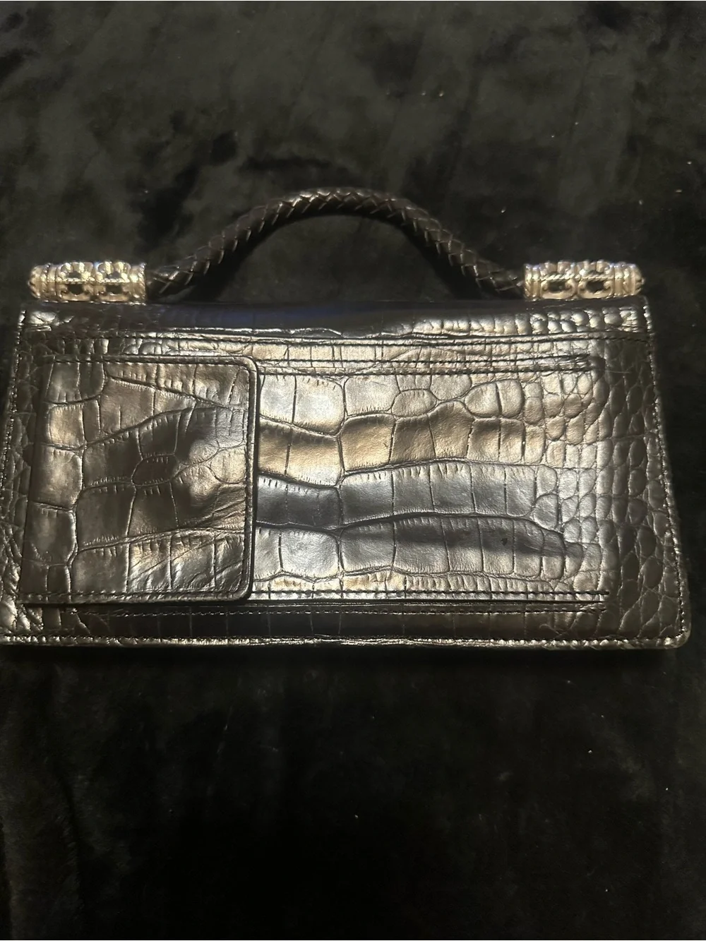 BRIGHTON Black Croc-Embossed Leather Top-Handle Bag Compartments GALORE
